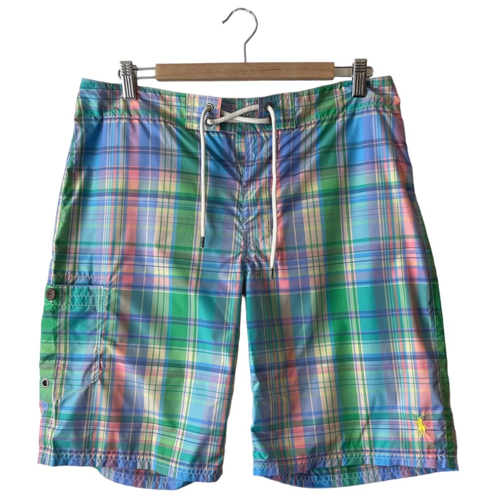 Polo Ralph Lauren Swim Trunks Shorts Mens Size 32 Plaid Multicolor Drawstring